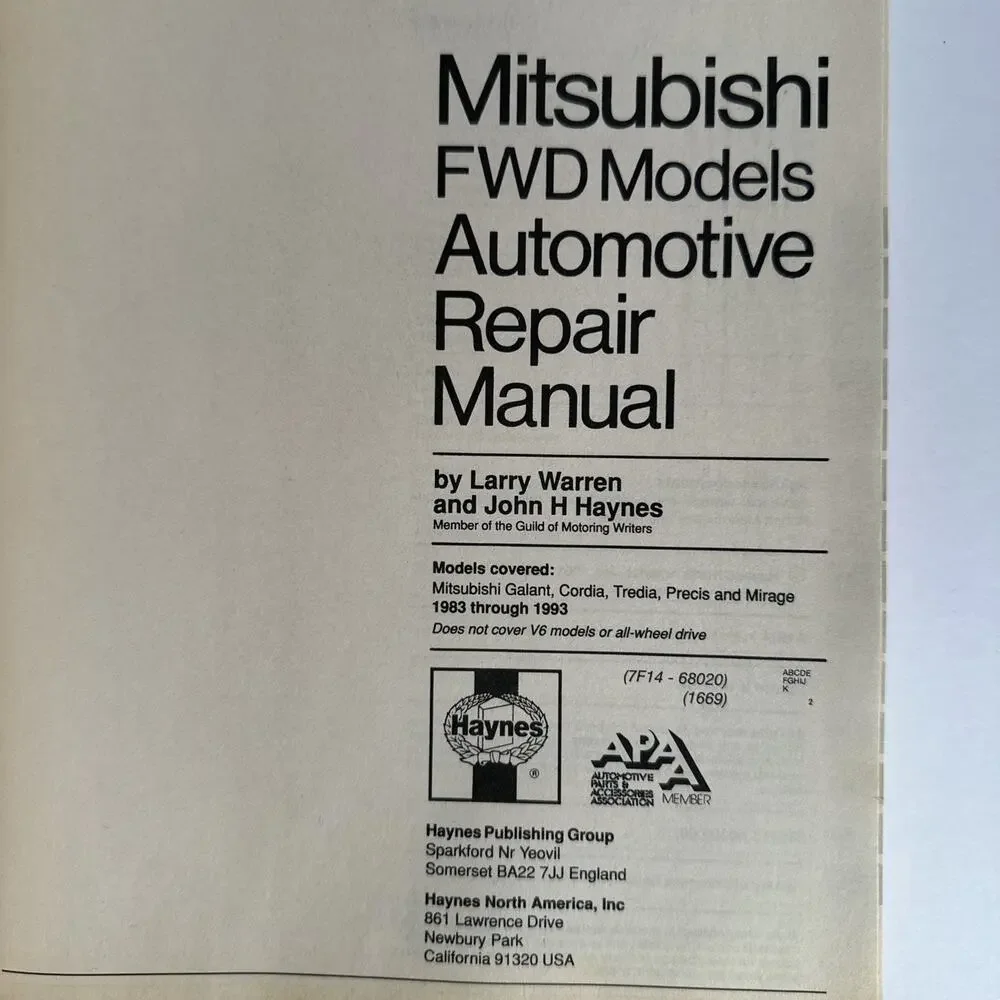 Haynes Repair Manual Mitsubishi Cordia Tredia Precis Mirage Galant 1983-1993